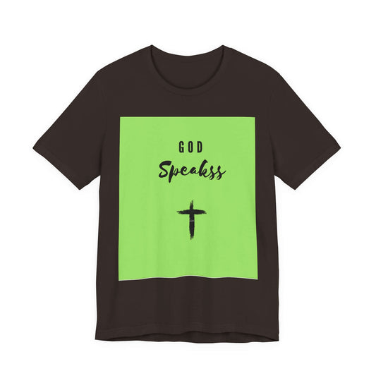 God Speakss Unisex Jersey black short sleeve t-shirt with green graphic design.