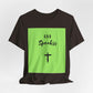 God Speakss Unisex Jersey black t-shirt with green graphic design featuring text and cross.