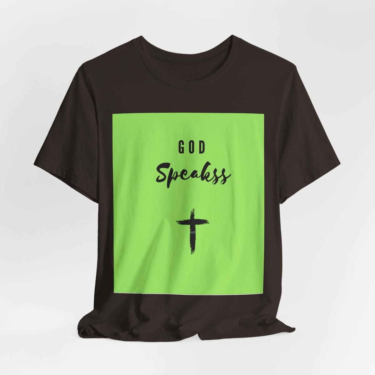 God Speakss Unisex Jersey black t-shirt with green graphic design featuring text and cross.