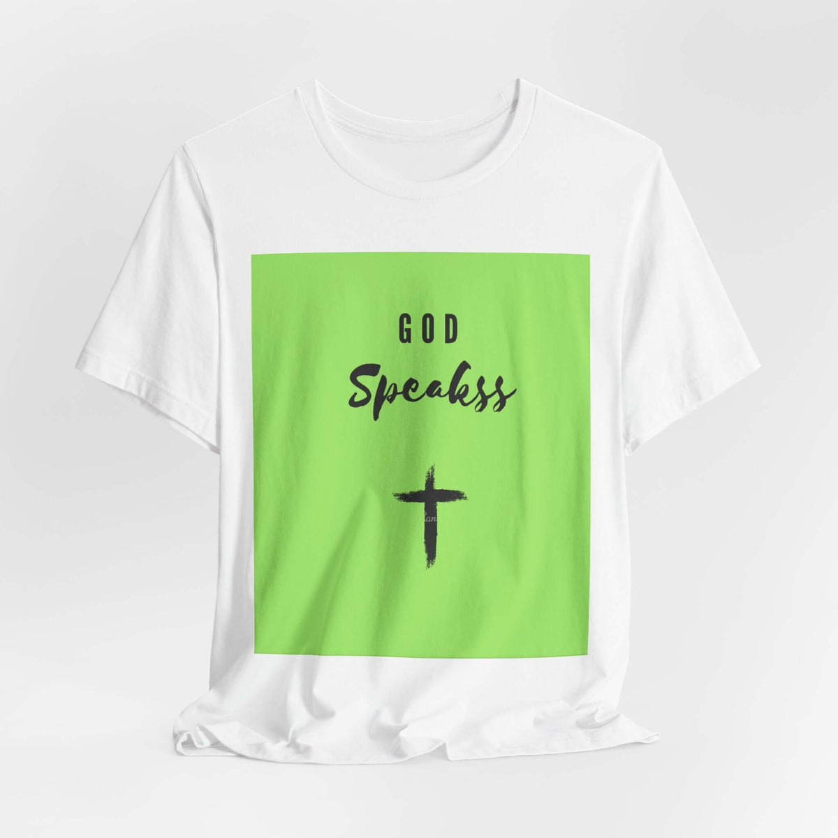 God Speakss Unisex Jersey short sleeve tee with green design and cross graphic.