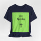 God Speakss Unisex Jersey short sleeve tee in vibrant green and black with ribbed knit collar.
