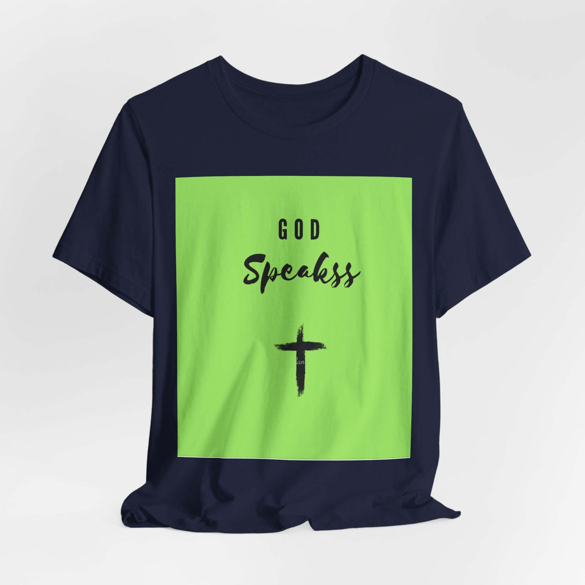 God Speakss Unisex Jersey short sleeve tee in vibrant green and black with ribbed knit collar.