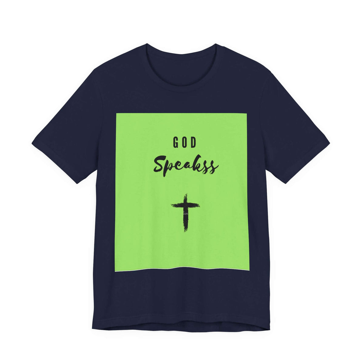 God Speakss Unisex Jersey in navy with green graphic featuring text and cross design.