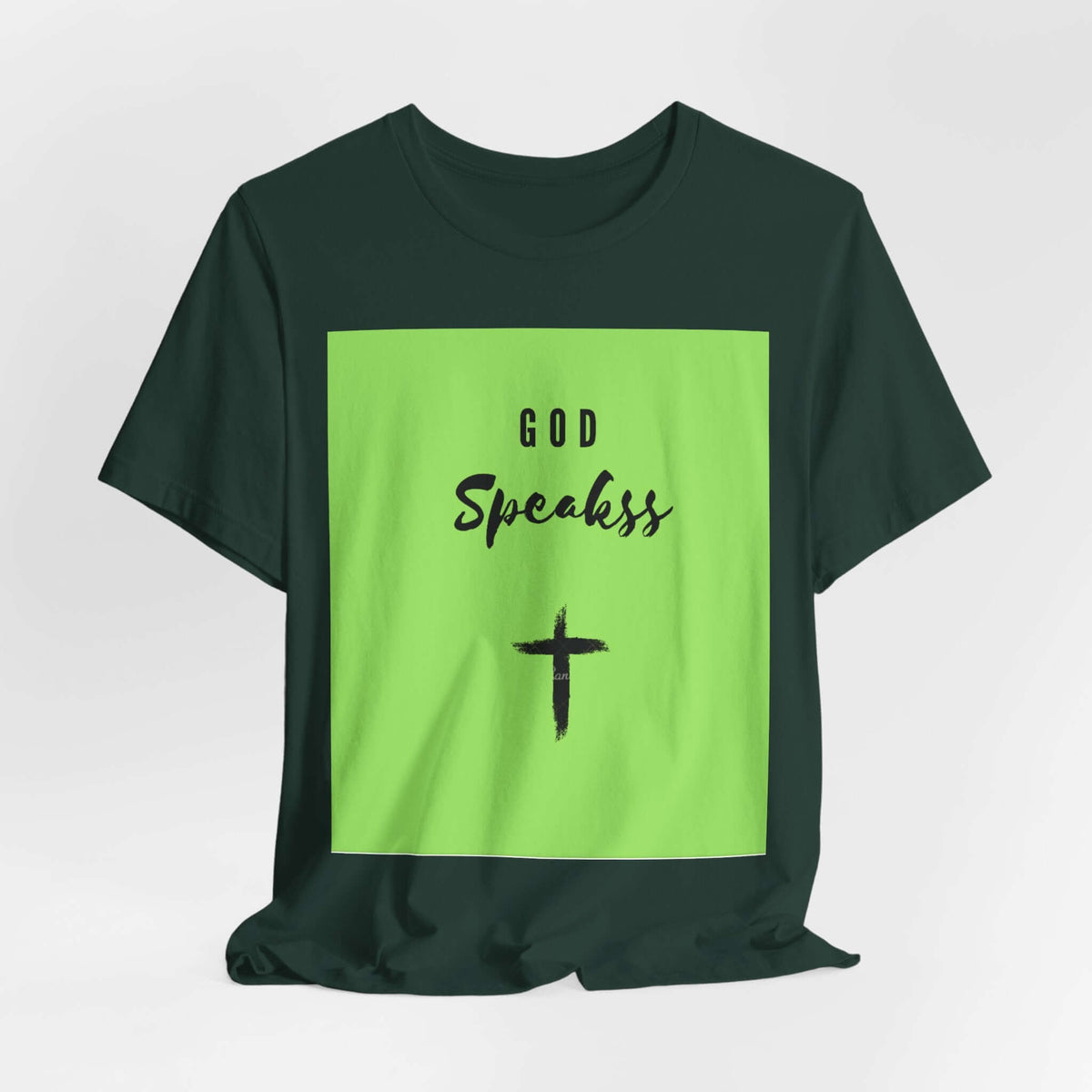God Speakss Unisex Jersey short sleeve tee in vibrant green and black with ribbed knit collar.