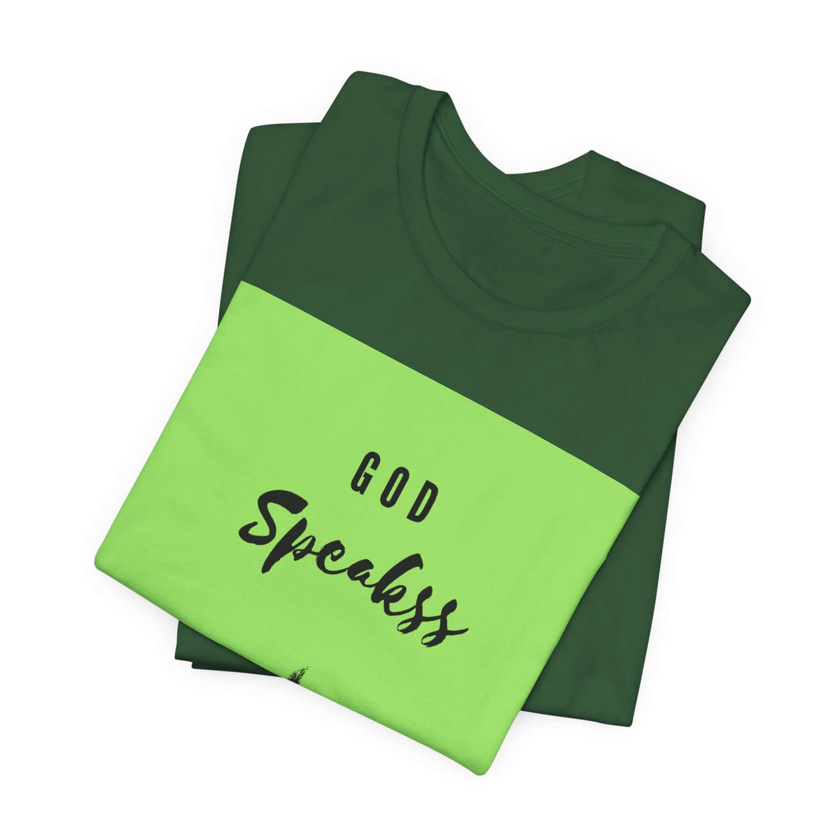 God Speakss Unisex Jersey short sleeve tee in vibrant green and black with ribbed knit collar.