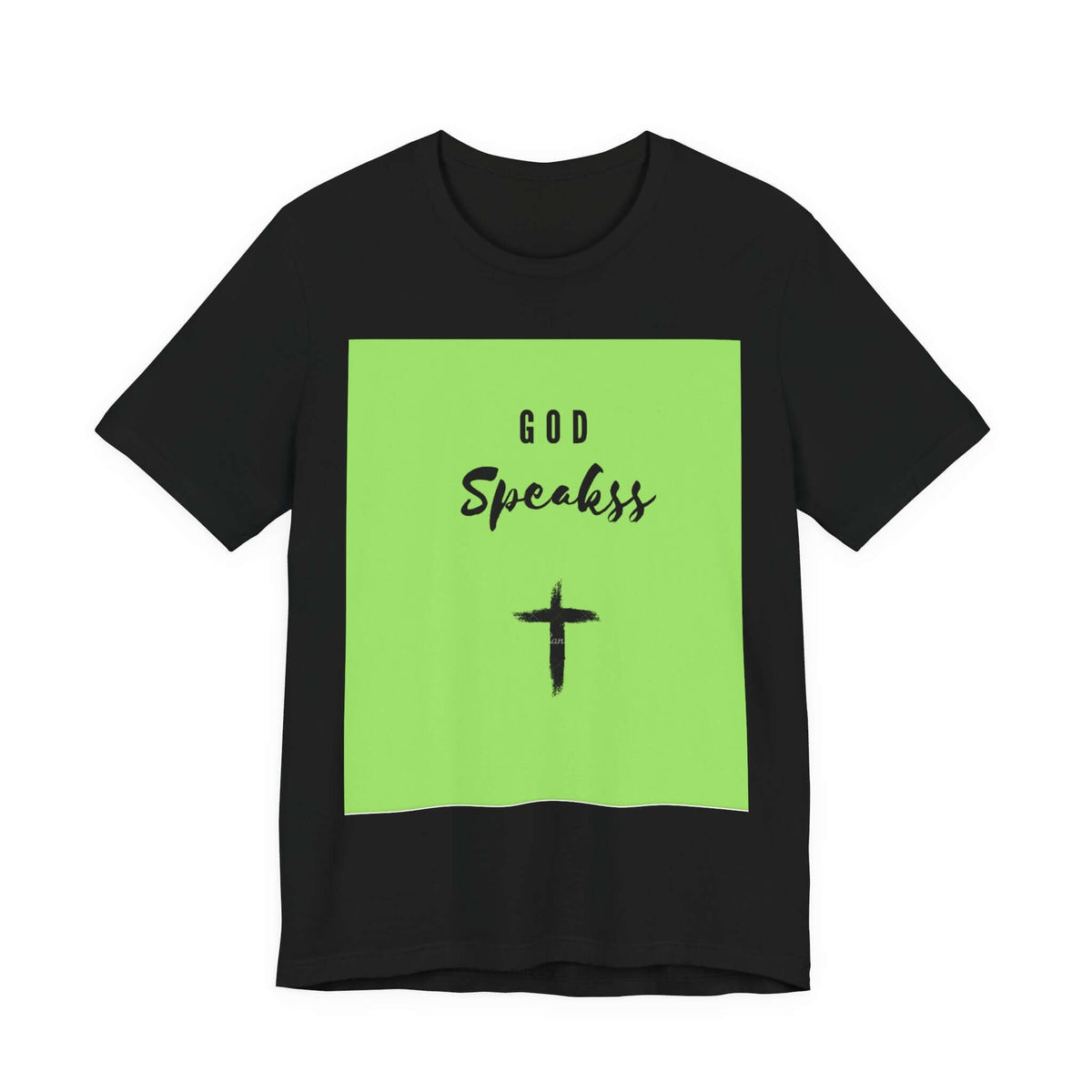 God Speakss Unisex Jersey black short sleeve tee with green graphic design and cross emblem.