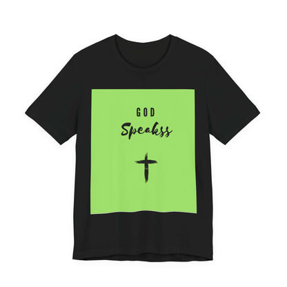 God Speakss Unisex Jersey black short sleeve tee with green graphic design and cross emblem.