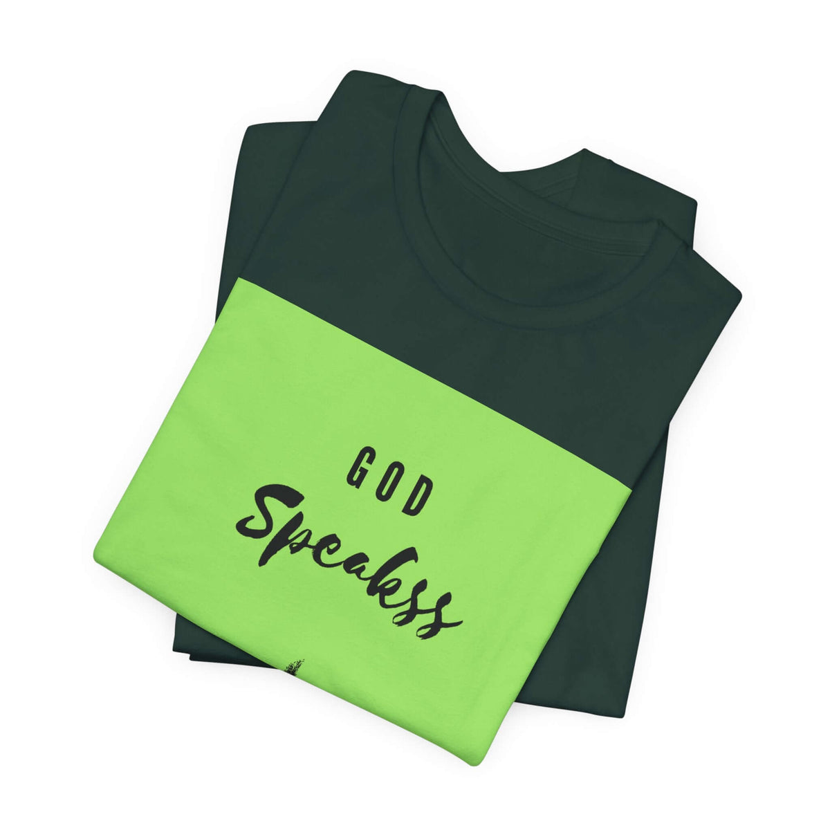 God Speakss Unisex Jersey short sleeve tee in vibrant green and black with ribbed knit collar.