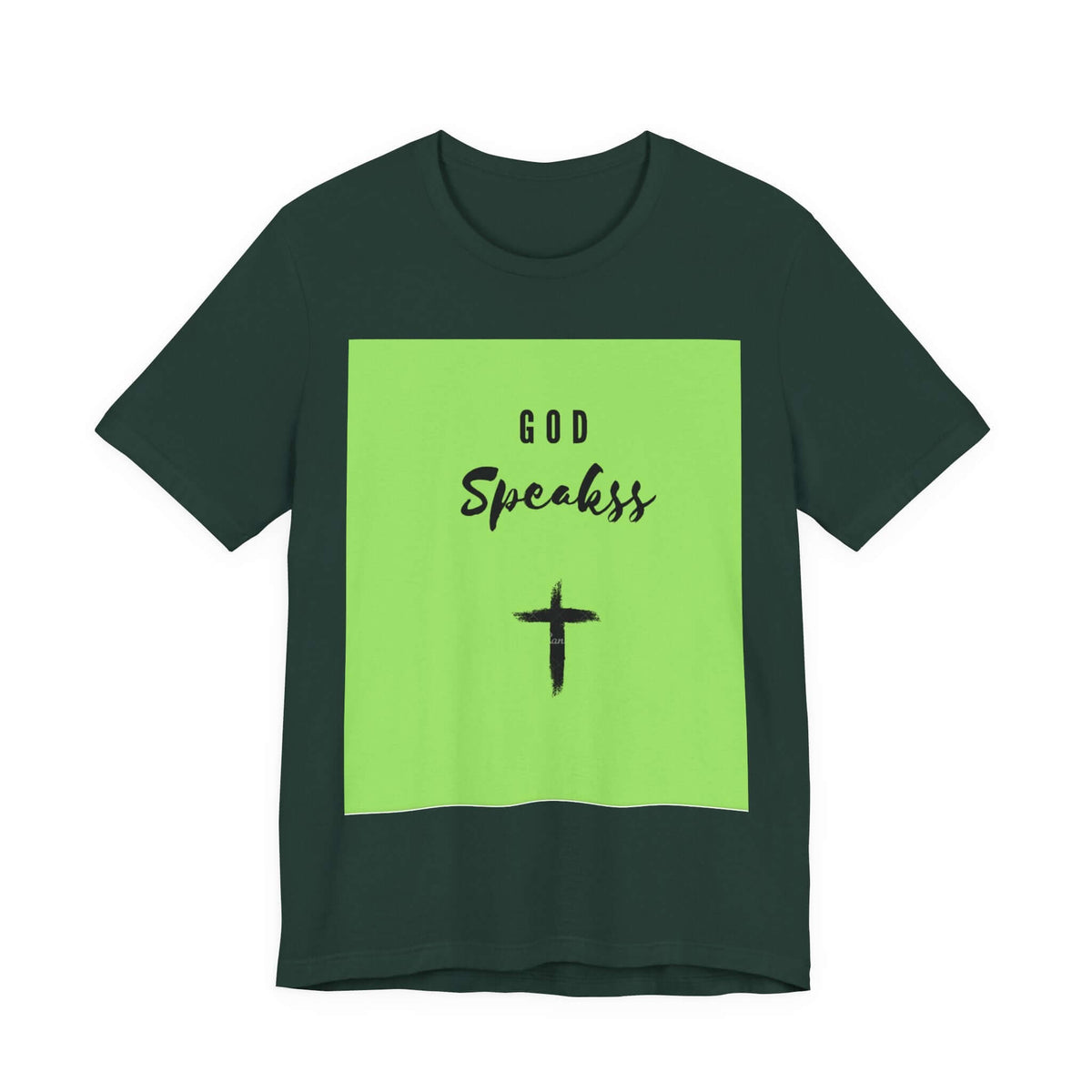 God Speakss Unisex Jersey in dark green featuring bold text and cross design on a bright green background.
