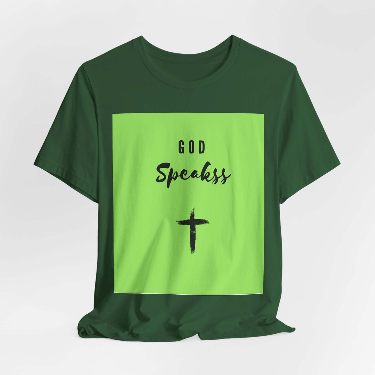 God Speakss Unisex Jersey short sleeve tee in vibrant green and black with ribbed knit collar.