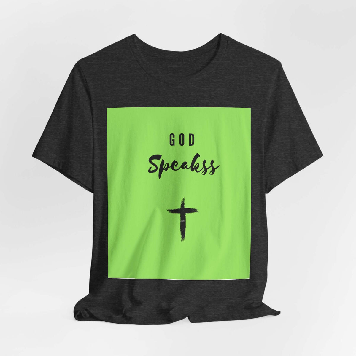 God Speakss Unisex Jersey short sleeve tee in vibrant green and black with ribbed knit collar.