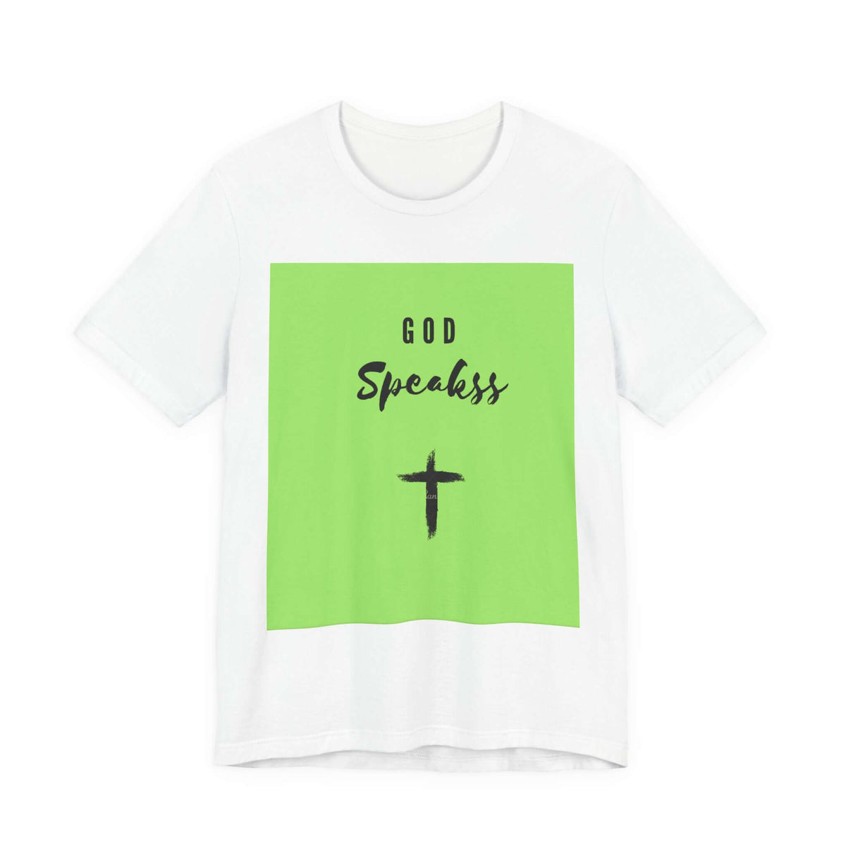 God Speakss Unisex Jersey short sleeve tee featuring a bold green design with text and cross graphic.