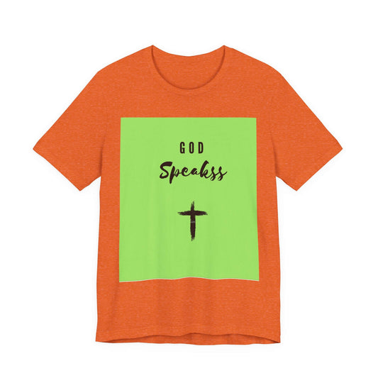 God Speakss Unisex Jersey orange t-shirt with green graphic design and text.